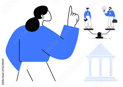 Woman gestures towards two figures balanced on scales, one with a lightbulb and briefcase, beside a government building. Ideal for leadership, fairness, career choice, governance, innovation