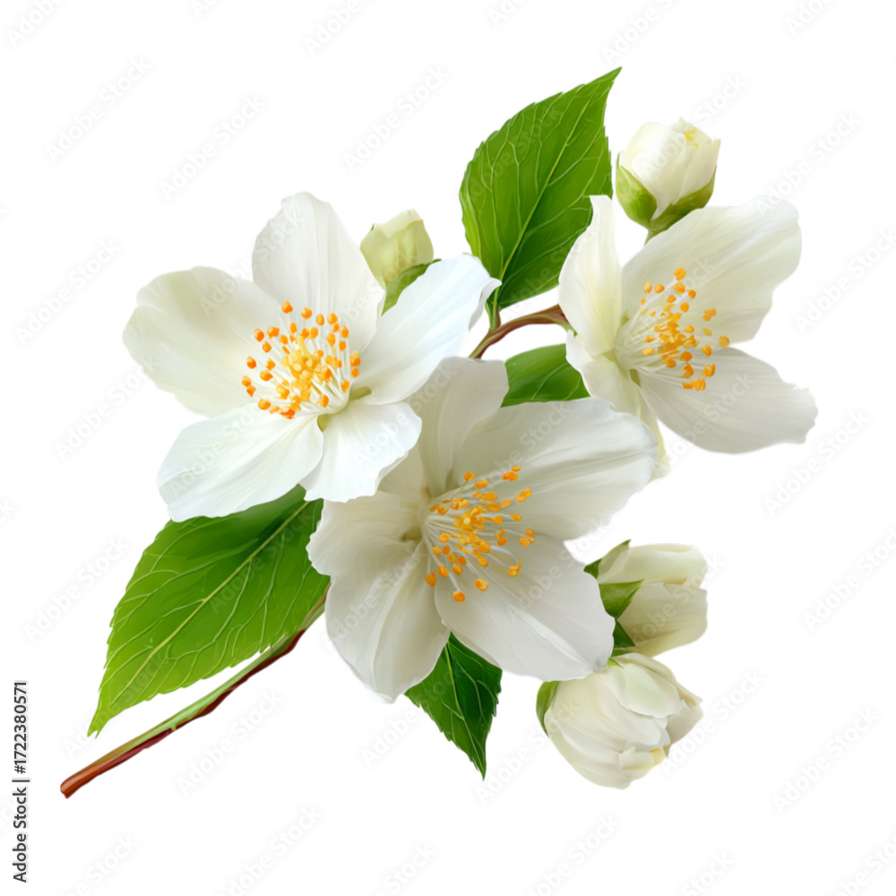 Obraz premium Delicate White Jasmine Flowers with Green Leaves and Buds on a Stem Isolated On Transparent Background.