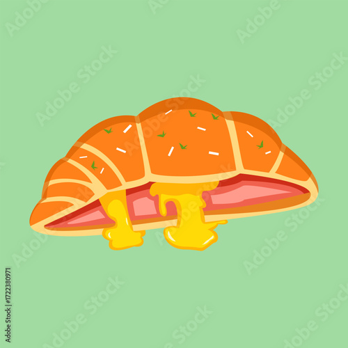 Cartoon of a croissant with melted cheese oozing out of it. The yellow and orange colors of the croissant and cheese create a warm and inviting mood. Vector Illustartion