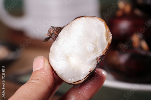 Obraz na plátně Fresh Water Chestnut in Hand - Natural Farm Produce with White Flesh and Brown S