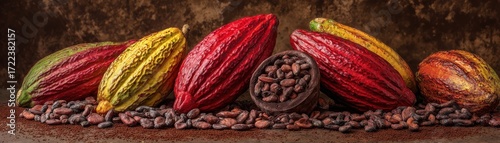 A vibrant display of cacao pods in various colors, accompanied by cocoa beans, set against a rich, textured background.