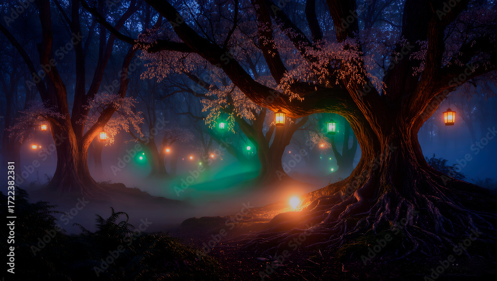 Fototapeta premium Creepy forest on a dark night with lanterns Dark and spooky wood on a terrifying night.
