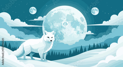Ethereal arctic fox stands gracefully on moonlit snow, surrounded by a winter forest and multiple glowing moons, creating a serene and magical nocturnal illustration