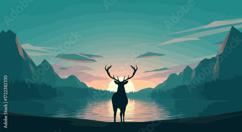 Majestic deer silhouette standing by a tranquil lake at sunset, surrounded by minimalist mountain landscapes in a serene, stylized illustration