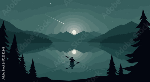 A serene minimalist illustration showing a lone kayaker on a tranquil mountain lake at dusk, with silhouetted trees and a beautiful shooting star