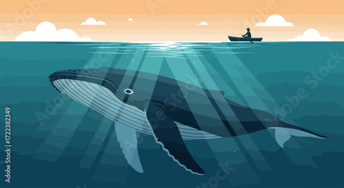 Majestic blue whale gracefully glides beneath the sun-kissed ocean surface, observed by a lone boatman in a serene seascape