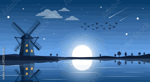 Tranquil night scene featuring a solitary windmill silhouetted against a luminous full moon, its glow mirroring on still water under a sky dotted with stars and soaring birds