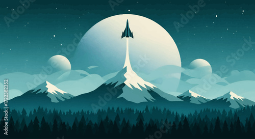Rocket launches from snowy mountains, ascending into a star-filled cosmos, symbolizing ambitious space exploration and a bright, futuristic journey