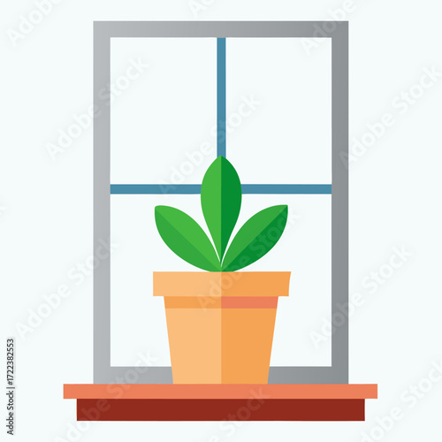 Cartoon potted plant on windowsill vector on soft blue background.