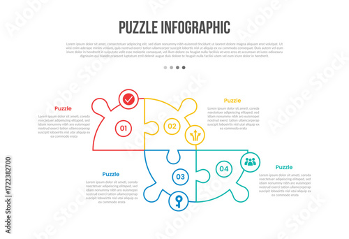 puzzle jigsaw base shape infographics template diagram with half circle cut slice up and down with 4 point step creative simple flat outline