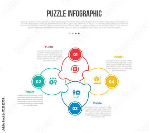 puzzle jigsaw base shape infographics template diagram with circle circular with circle badge with 4 point step creative simple flat outline
