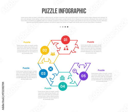 puzzle jigsaw base shape infographics template diagram with hexagon full structure with missing pieces with 5 point step creative simple flat outline