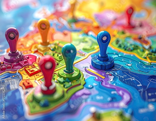 Colorful Map with Push Pins Marking Locations