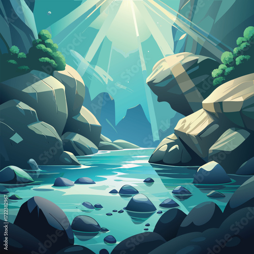 Sunbeams Shining Through a Rocky River Gorge nature