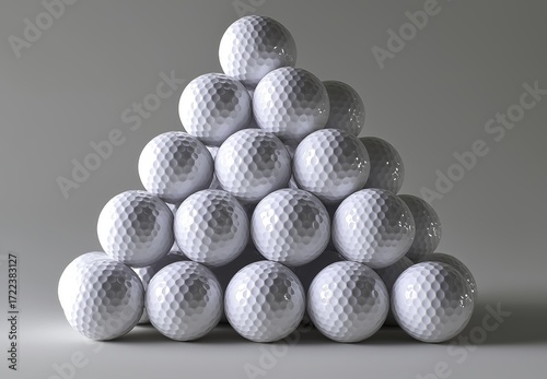 High-resolution photograph of white golf balls arranged in a pyramid on a white background