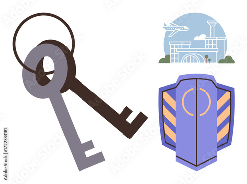 Two keys, a protective shield, and airport elements conveying access, security, aviation, and travel. Ideal for safety, transportation, travel aviation security key management and protection