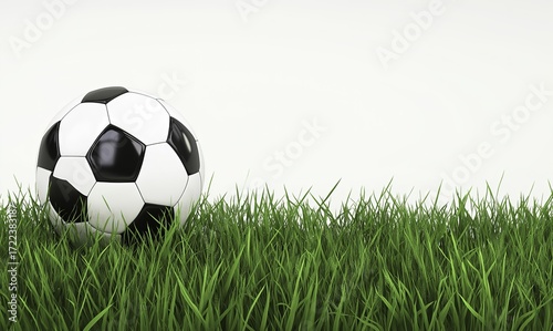Soccer ball lying on lush green grass isolated on white background
