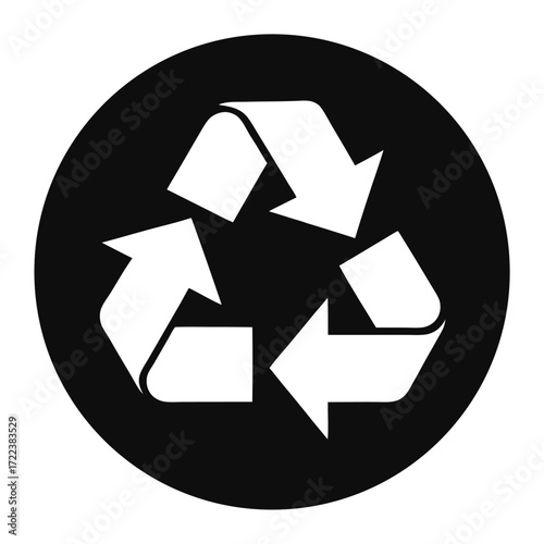 White recycle symbol on a black circular background