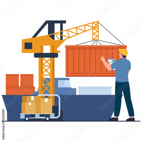 Crane loading shipping container onto a ship with worker