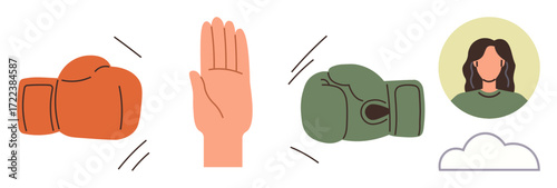 Two boxing gloves, a hand signaling stop, a persons portrait, and a cloud visualizing peace and conflict resolution. Ideal for communication, negotiation, compromise, teamwork, leadership