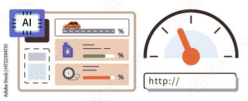 AI-powered evaluation system with progress bars, car metrics, speedometer, and web search bar. Ideal for performance tracking, technology, automation, data visualization, efficiency innovation