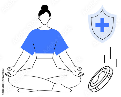 Woman sitting cross-legged in meditation next to a health shield and falling coin. Ideal for wellness, mindfulness, financial health, self-care, mental balance, healthcare, lifestyle improvements