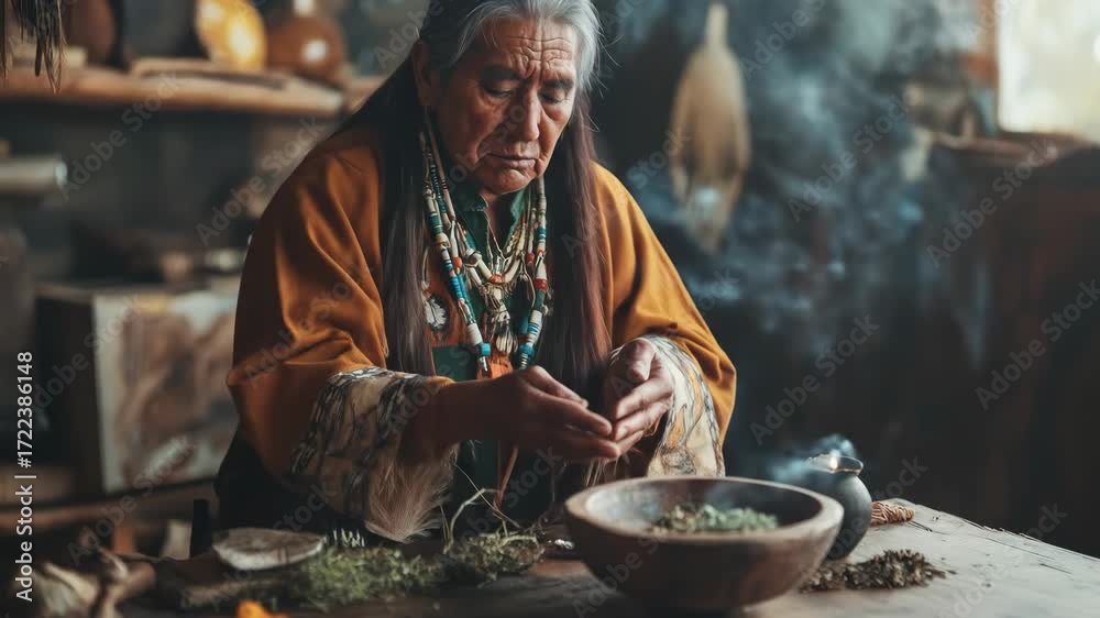 elderly native american performing traditional ritual with herbs and ...
