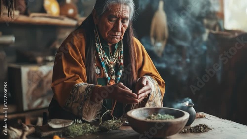 elderly native american performing traditional ritual with herbs and incense. cultural heritage, spirituality, indigenous wisdom in warm rustic setting. smudging ceremony indoors