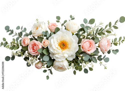 Floral Arrangement with Peonies, Roses, and Eucalyptus, Isolated on transparent background

