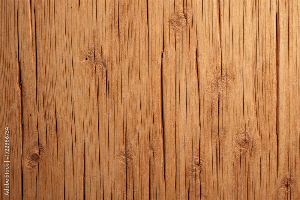 Fototapeta premium Close-up view of weathered, light brown wood planks, showcasing intricate grain patterns and numerous small knots.