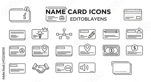 Collection of twenty minimalist line art icons depicting various business cards with symbols representing different functions and information.