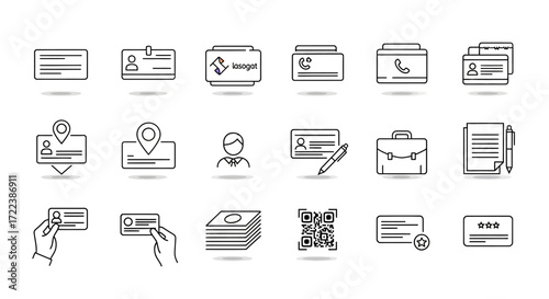 A set of thin line icons representing business cards, personal identification, contact information, and professional networking symbols.
