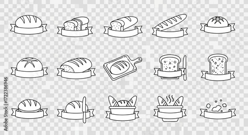 A collection of simple, hand-drawn outline icons representing various types of bread and baked goods, each accompanied by a banner for text.