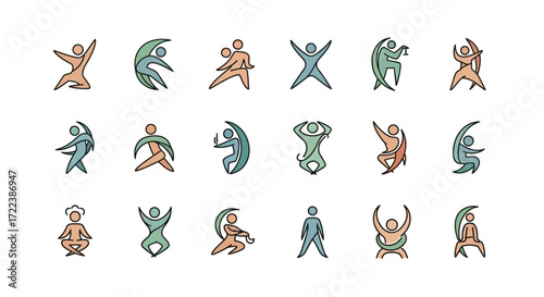 A collection of abstract, stylized human figures in various dynamic poses, representing movement, activity, and diverse forms of human expression and physicality.