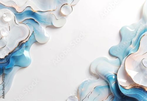 Minimalistic abstract marble background with soft blue and white flowing shapes and delicate golden edges. Perfect template for invitations, business cards, banners, posters, gift certificates
