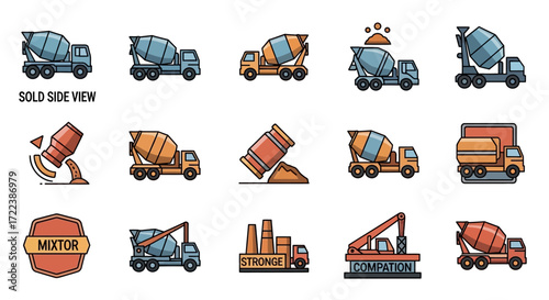 A collection of stylized illustrations depicting various concrete mixer trucks and related construction equipment in different poses and perspectives.