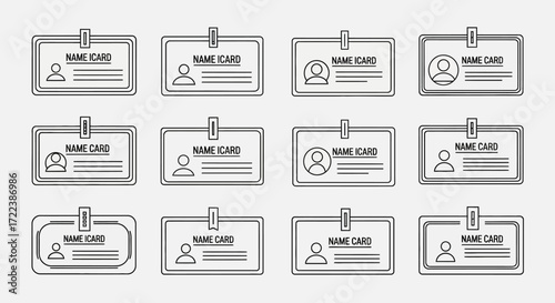 Collection of twelve stylized, line-art name badge designs featuring placeholder icons and text fields, presented in a grid layout against a light gray background.