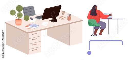 Clean desk setup with computer, books, and plant, featuring a person using a laptop at a separate table. Ideal for productivity, office, workflow, organization, remote work teamwork or minimalism