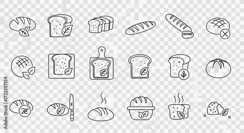 A collection of various bread illustrations, featuring different shapes and styles, with some having leaves.