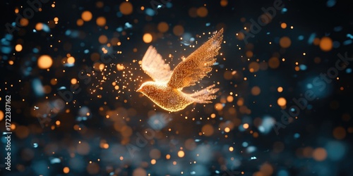 Golden bird in flight, surrounded by glowing particles