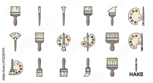 Collection of artist's tools including paint brushes of various shapes and sizes, and color palettes.