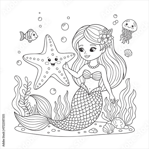 Kawaii Mermaid with Jellyfish, Fish, and Seaweed Outline