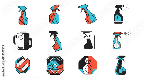 Collection of stylized spray bottle icons, various designs and colors.