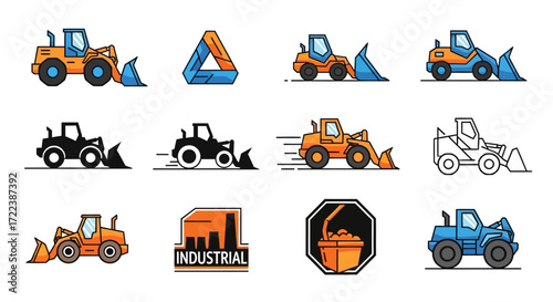A collection of colorful front-end loader and bulldozer icons, logos, and illustrations for industrial and construction themes.