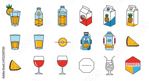 Colorful line art icons depicting pineapple juice packaging, glasses, and slices.