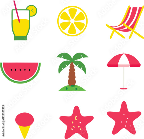 Summer icons featuring drinks fruit beach chairs and other vacation elements