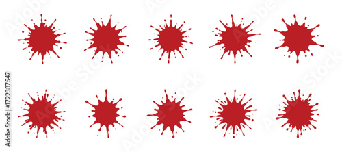 Red blood splatter and splash vector collection, realistic paint or ink drops set  isolated on transparent background.
