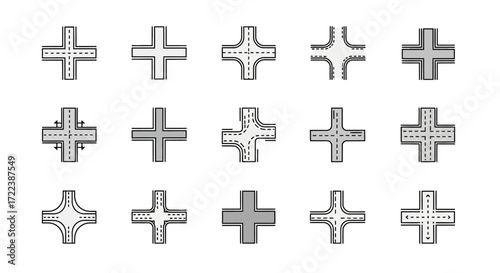 Collection of simple grayscale road intersection icons.