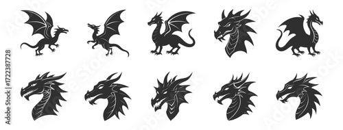 Fantasy dragon silhouette collection, mythical beast, monster, mascot logo vector set.