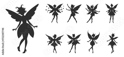 Fantasy fairy silhouette collection, magic pixie, winged creature vector set.